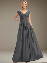 A-line V-Neck Floor-Length Chiffon Lace Mother of the Bride Dress With Sequins Beading Pleated